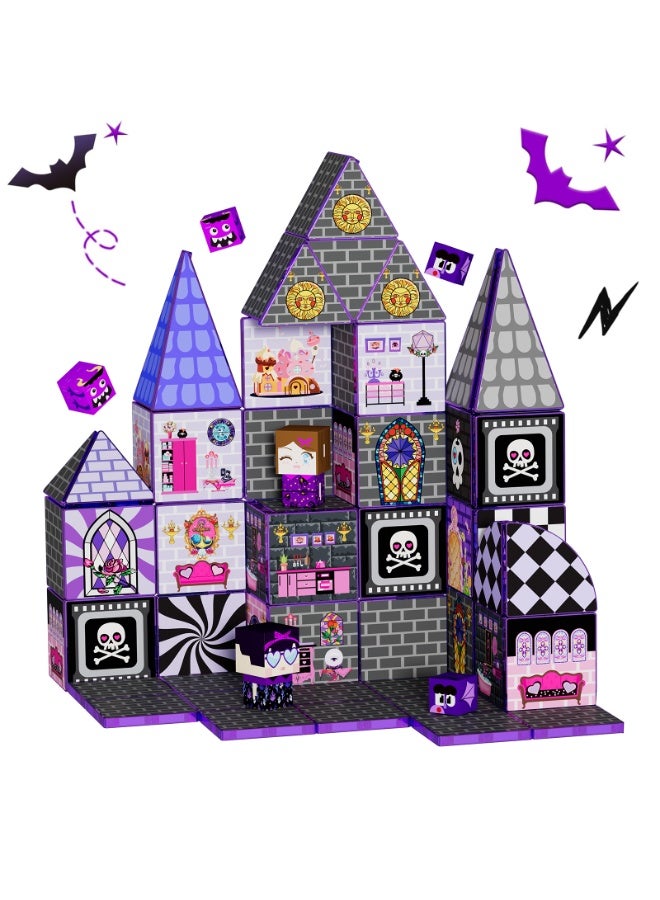 VTERLY 52 Pcs Magnetic Tiles Doll House Building Toys, Monster Magnetic Blocks for Kids Ages 3-8,STEM Magnet Toys Birthday for 3+ Year Childs,Haunted Castle Playset - Image 1