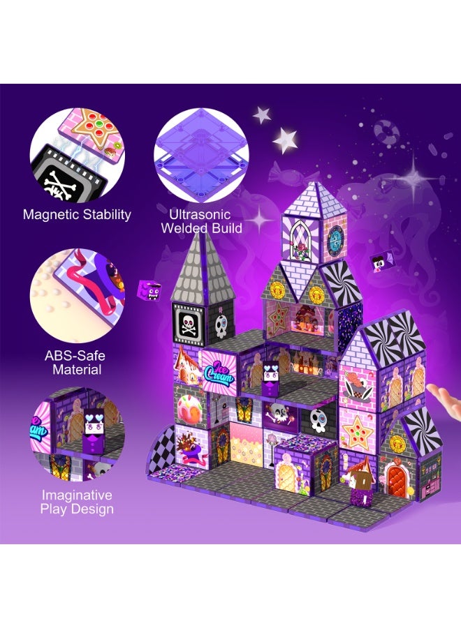 VTERLY 52 Pcs Magnetic Tiles Doll House Building Toys, Monster Magnetic Blocks for Kids Ages 3-8,STEM Magnet Toys Birthday for 3+ Year Childs,Haunted Castle Playset - Image 5