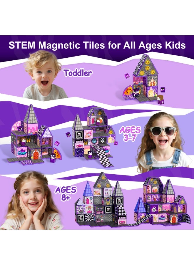 VTERLY 52 Pcs Magnetic Tiles Doll House Building Toys, Monster Magnetic Blocks for Kids Ages 3-8,STEM Magnet Toys Birthday for 3+ Year Childs,Haunted Castle Playset - Image 4