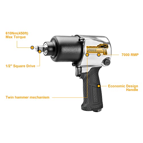 Ingco Air Impact Wrench, 7000 Rpm | 610Nm | 2 Hammer Mechanism, Pneumatic Impact Wrench Tool Kit With 3 Pcs Socket, 5 Type Connector - Box End - Image 2