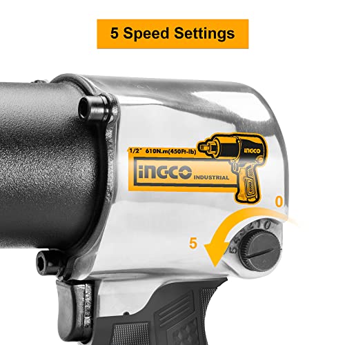Ingco Air Impact Wrench, 7000 Rpm | 610Nm | 2 Hammer Mechanism, Pneumatic Impact Wrench Tool Kit With 3 Pcs Socket, 5 Type Connector - Box End - Image 4