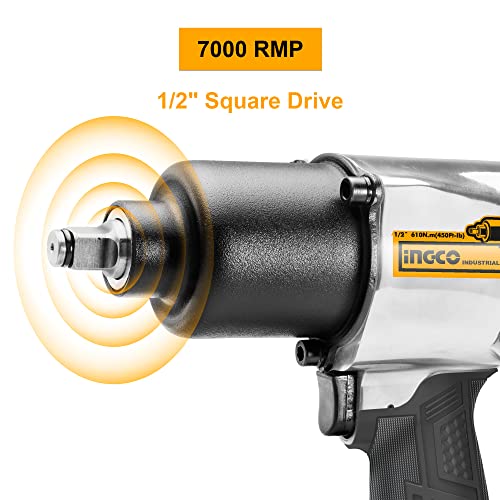 Ingco Air Impact Wrench, 7000 Rpm | 610Nm | 2 Hammer Mechanism, Pneumatic Impact Wrench Tool Kit With 3 Pcs Socket, 5 Type Connector - Box End - Image 3