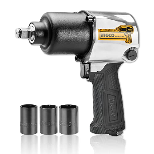 Ingco Air Impact Wrench, 7000 Rpm | 610Nm | 2 Hammer Mechanism, Pneumatic Impact Wrench Tool Kit With 3 Pcs Socket, 5 Type Connector - Box End - Image 1