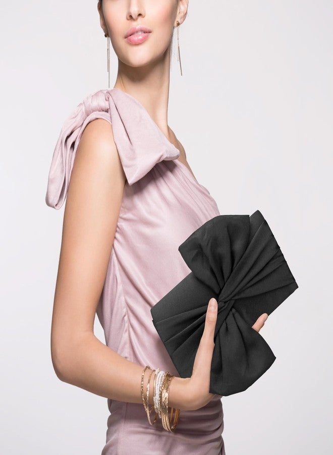 Simcat Womens Clutch Bag,Pleated Satin Handbag Lady Pleated Bow Purse Evening Bag with Chain for Wedding Prom Formal Party (Black) - Image 2