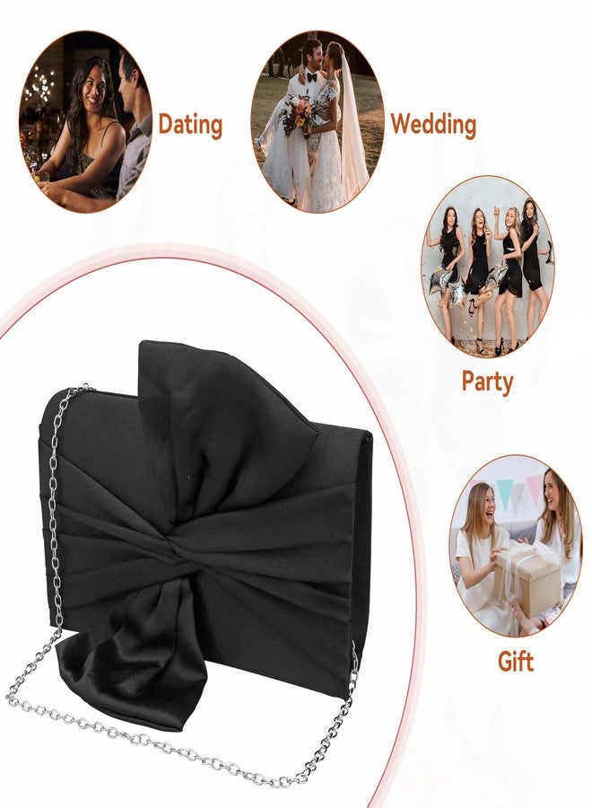 Simcat Womens Clutch Bag,Pleated Satin Handbag Lady Pleated Bow Purse Evening Bag with Chain for Wedding Prom Formal Party (Black) - Image 5