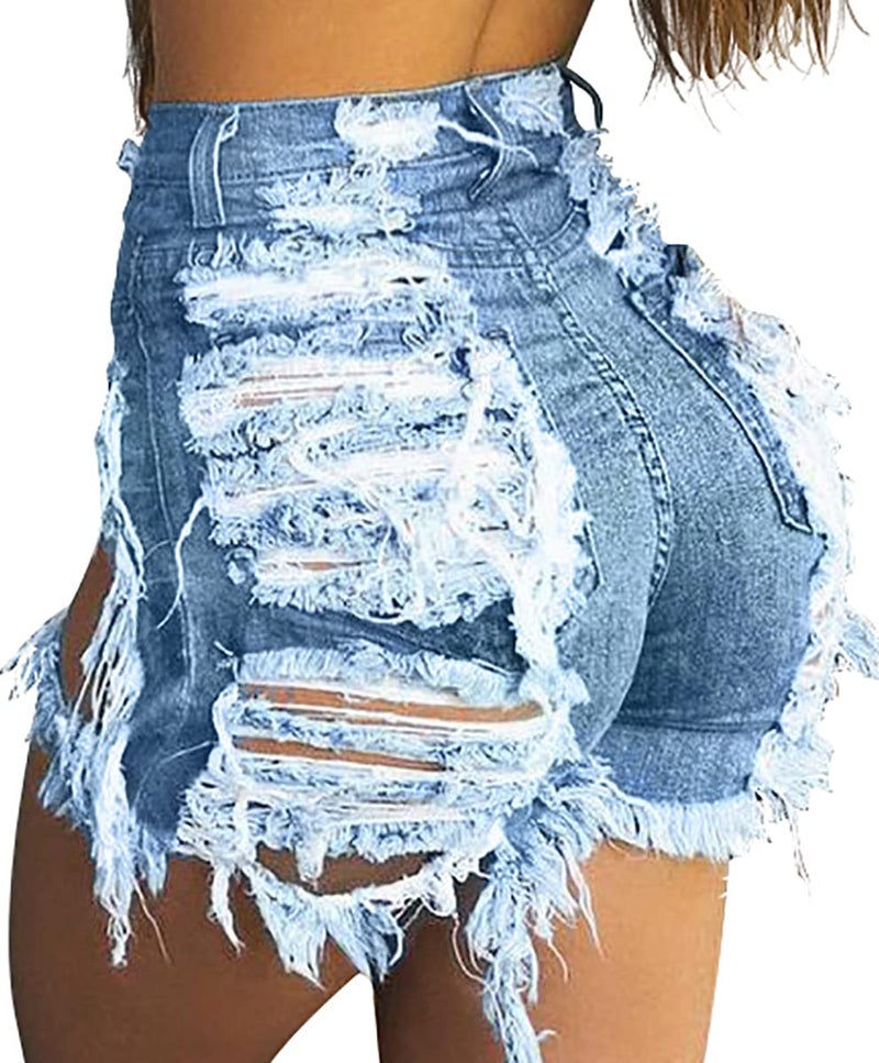 GOBLES Women's Summer Sexy High Waist Ripped Frayed Hem Denim Shorts with Pockets Blue - Image 1