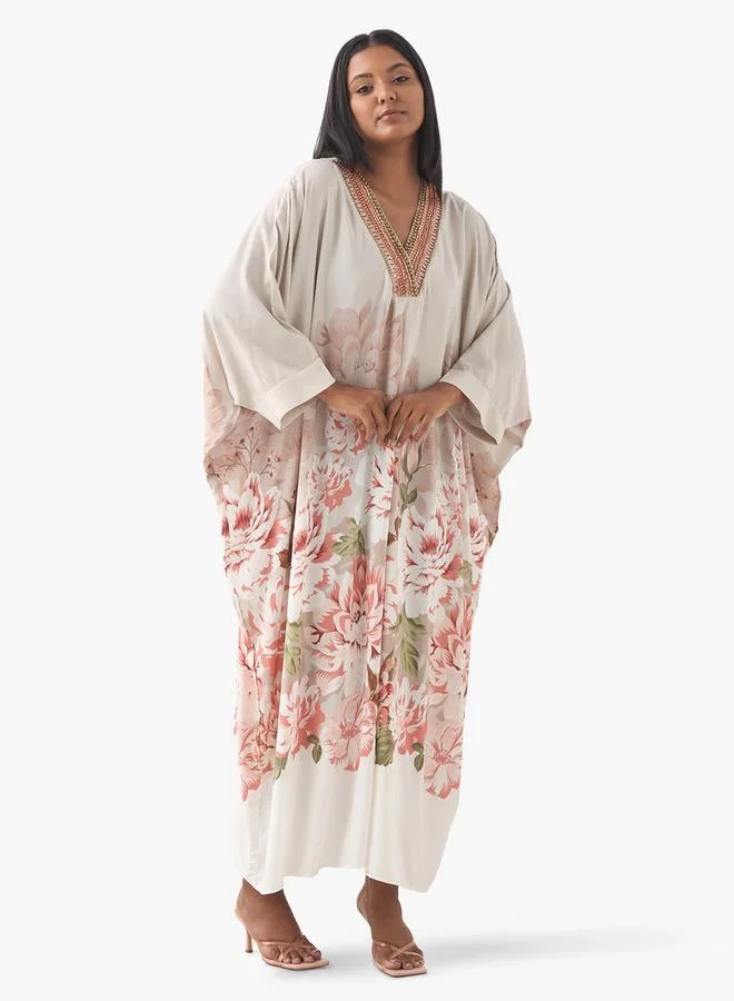 Ulla Popken Plus Size Ulla Popken Embellished Kaftan Dress wih V-neck