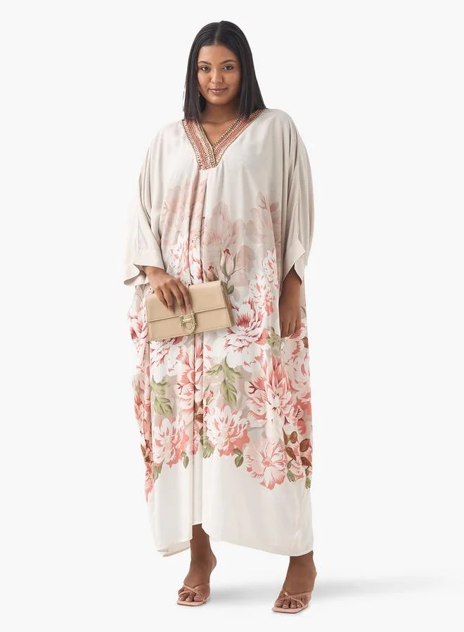 Ulla Popken Plus Size Ulla Popken Embellished Kaftan Dress wih V-neck