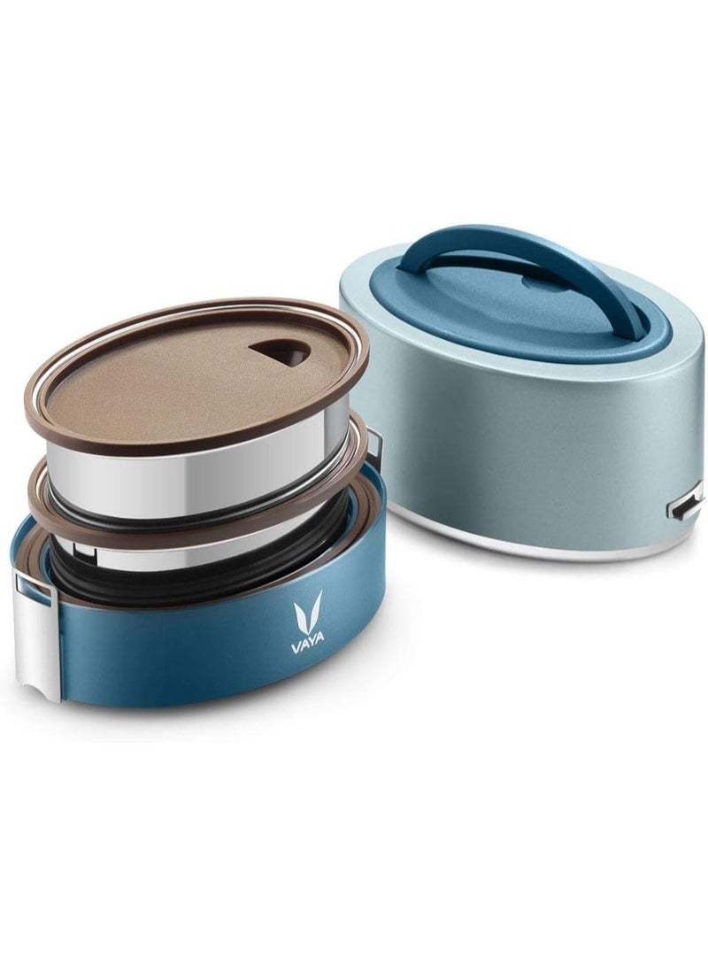 Vaya Tyffyn Blue Polished Stainless Steel Lunch Box for Kids Without Bagmat, 600 ml, 2 Containers, Blue - Image 1