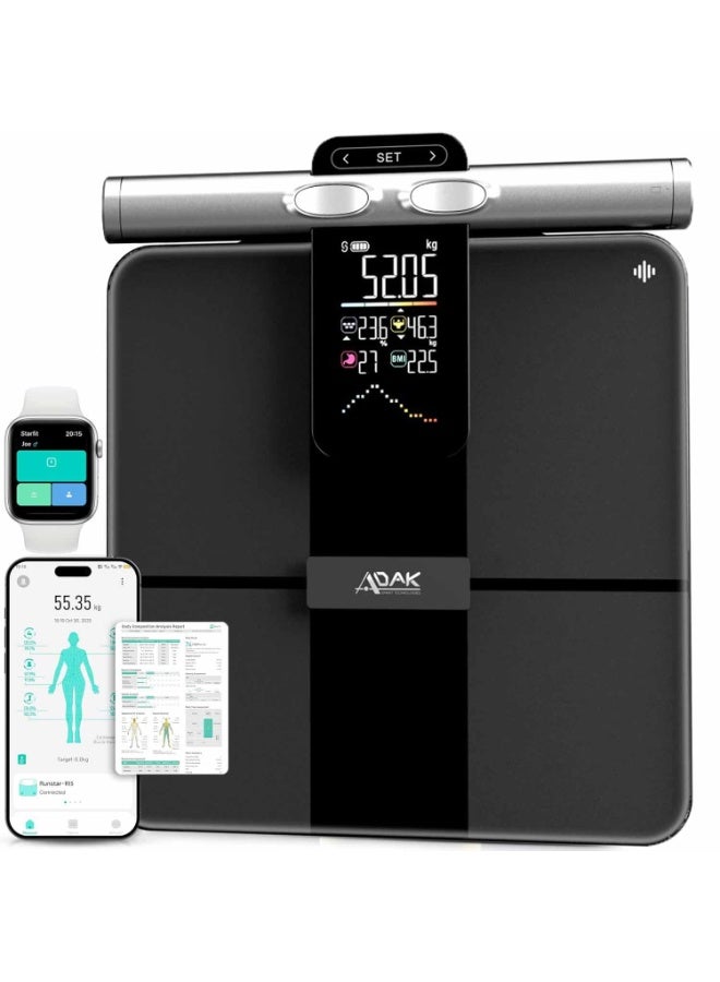 أداك ميزان دهون الجسم الذكي ADAK بـ 8 أقطاب — الإصدار 2 برو، أسود، زجاج، قياس 30×30×2.7 سم، ميزان رقمي للحمّام مع BMI وتحليل 29 عنصراً من مكونات الجسم، شاشة LCD كبيرة، مزامنة عبر البلوتوث، قدرة تحمّل حتى 400 رطل - Image 1