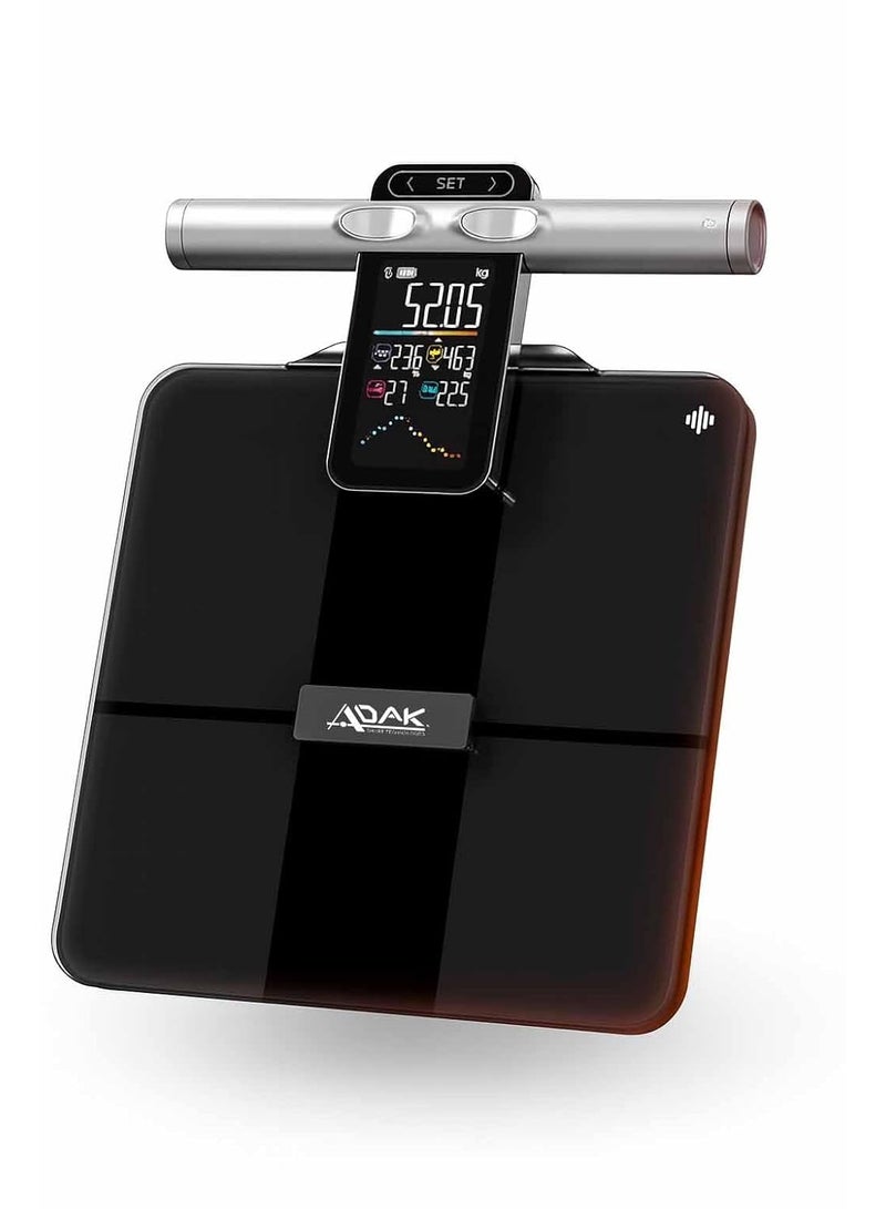 أداك ميزان دهون الجسم الذكي ADAK بـ 8 أقطاب — الإصدار 2 برو، أسود، زجاج، قياس 30×30×2.7 سم، ميزان رقمي للحمّام مع BMI وتحليل 29 عنصراً من مكونات الجسم، شاشة LCD كبيرة، مزامنة عبر البلوتوث، قدرة تحمّل حتى 400 رطل - Image 3
