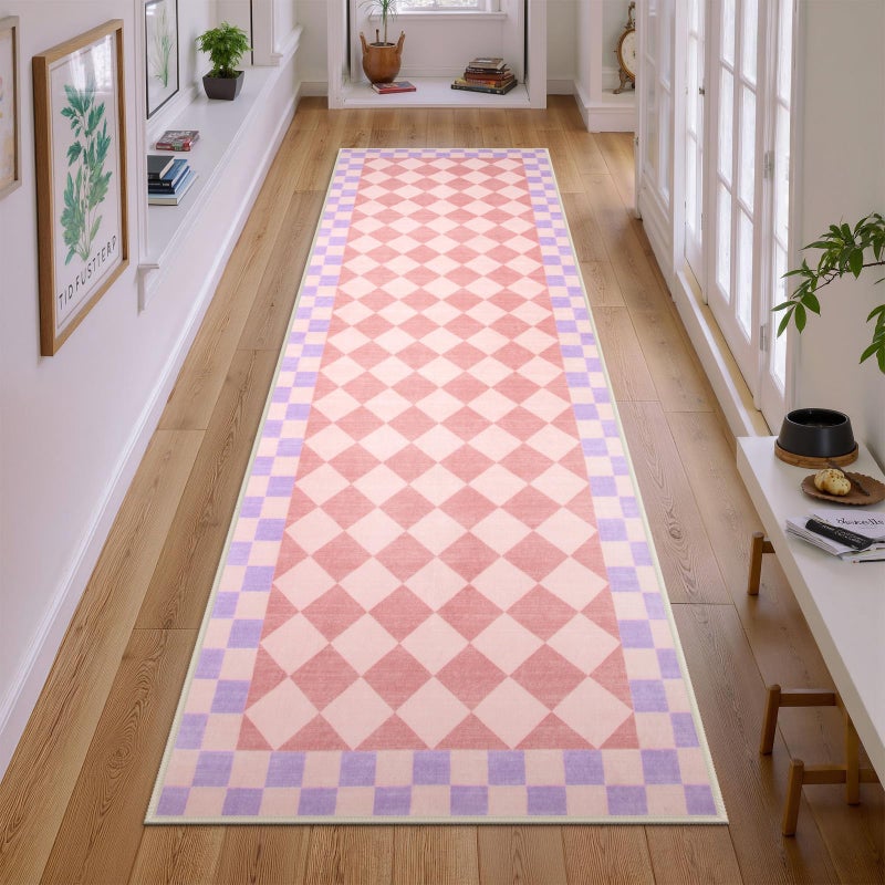 Morebes Pink Checkered Rug Runner for Hallways, 2x7 Washable Rug for Bedroom Non Slip Bath Mat, Soft Low Pile Checkerboard Indoor Carpet for Nursery Kids Room Playroom - Image 1