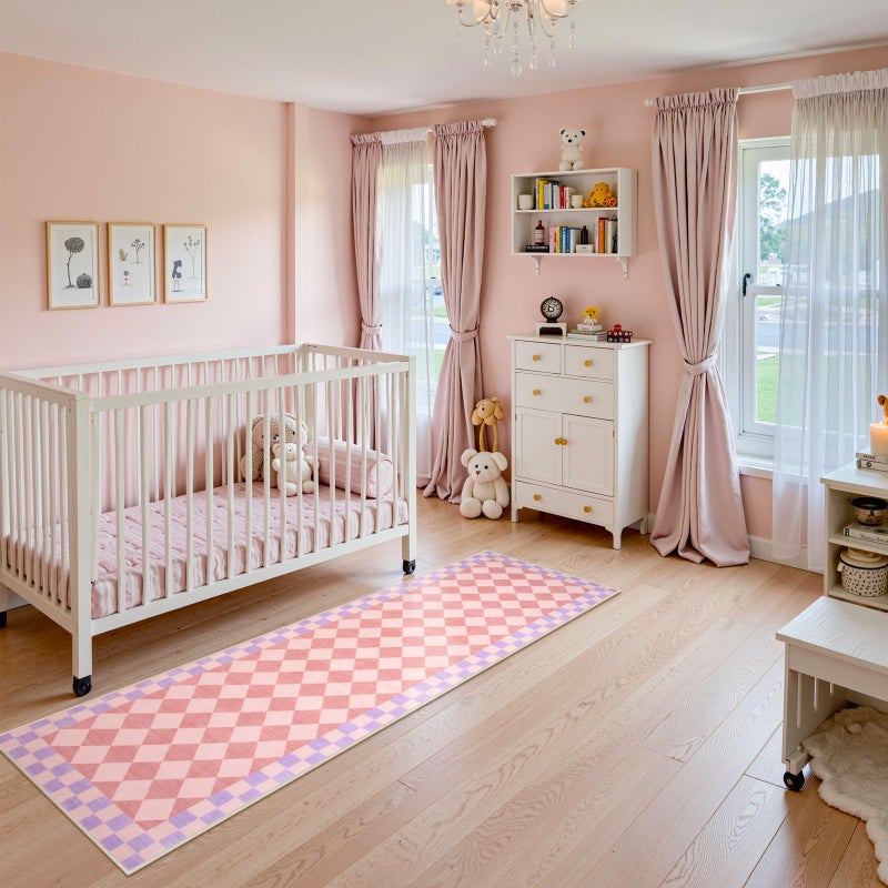 Morebes Pink Checkered Rug Runner for Hallways, 2x7 Washable Rug for Bedroom Non Slip Bath Mat, Soft Low Pile Checkerboard Indoor Carpet for Nursery Kids Room Playroom - Image 2