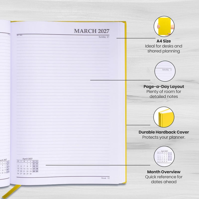evelay 2027 Diary A4 A5 Page a Day - Hardback Planner Organiser Journal with 70gsm Paper & Ribbon Marker - Ideal for Work, School & Personal Planning (A4, Yellow) - Image 4