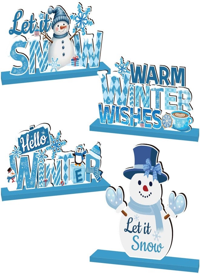 GINFTBRZGV 4pcs Winter Wonderland Decorations Wooden Table Decorations Let it Snow Winter Decorations Blue and White Snowflake Snowman Decor for Winter Holiday Table Decor - Image 1