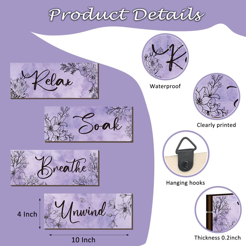 ONIZHITY 4 Pieces Purple Wall Decor Purple Floral Bathroom Decor Wooden Decor with Relax Soak Unwind Breathe Positive Hanging Wall Art for Women Bedroom Living Room Decoration (Purple 10X4 Inches) - Image 4