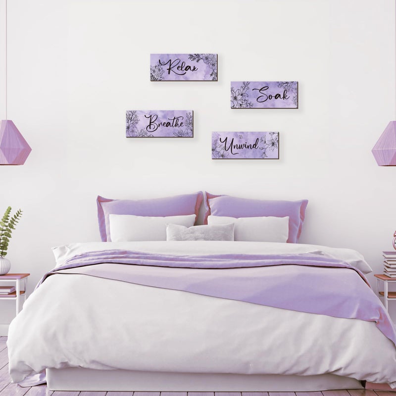 ONIZHITY 4 Pieces Purple Wall Decor Purple Floral Bathroom Decor Wooden Decor with Relax Soak Unwind Breathe Positive Hanging Wall Art for Women Bedroom Living Room Decoration (Purple 10X4 Inches) - Image 5