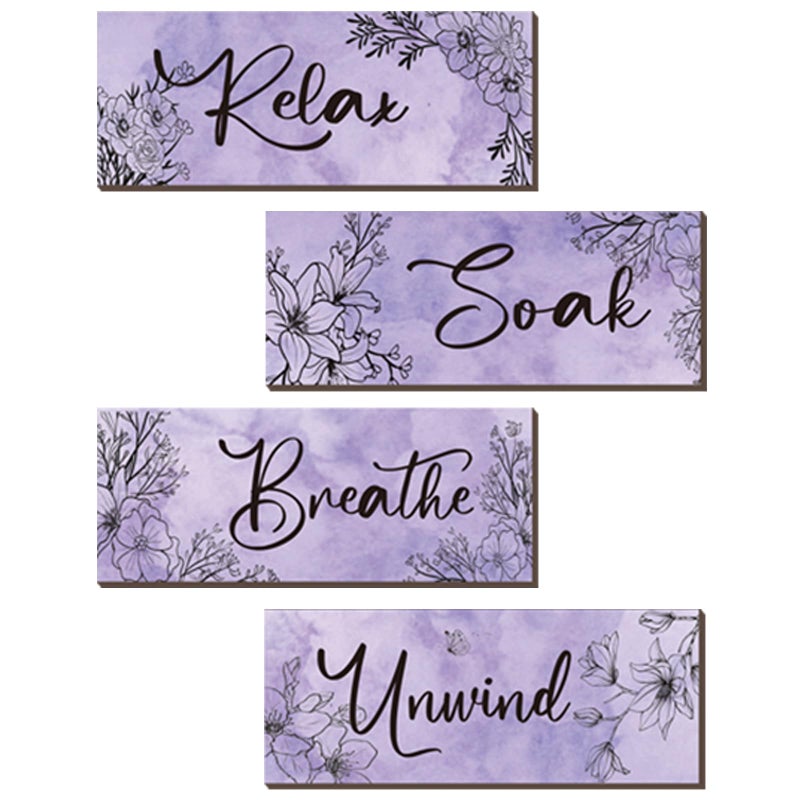 ONIZHITY 4 Pieces Purple Wall Decor Purple Floral Bathroom Decor Wooden Decor with Relax Soak Unwind Breathe Positive Hanging Wall Art for Women Bedroom Living Room Decoration (Purple 10X4 Inches) - Image 1
