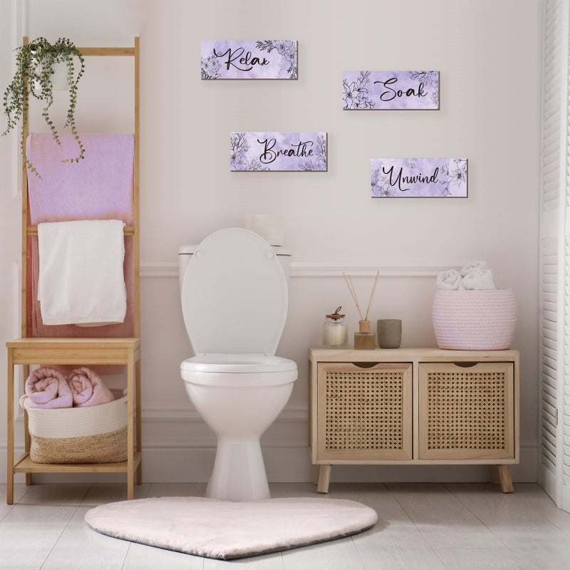 ONIZHITY 4 Pieces Purple Wall Decor Purple Floral Bathroom Decor Wooden Decor with Relax Soak Unwind Breathe Positive Hanging Wall Art for Women Bedroom Living Room Decoration (Purple 10X4 Inches) - Image 3