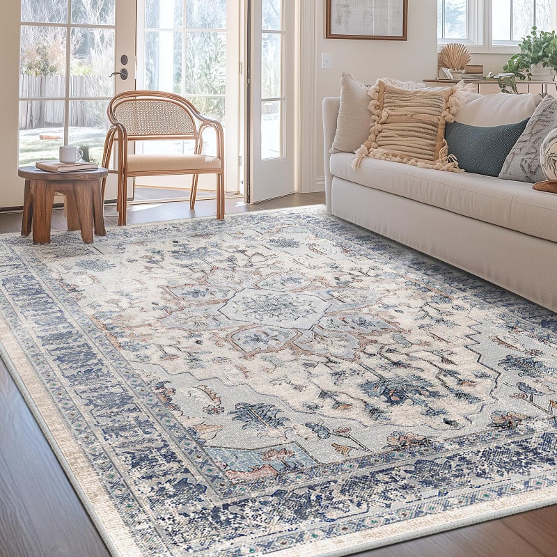 BESTSWEETIE 5x7 Area Rug Washable Rugs for Living Room No Pile Boho Carpet for Entryway Bedroom Dinning Room Vintage Carpet Print Distressed NonSlip 5 x 7 ft Beige Blue