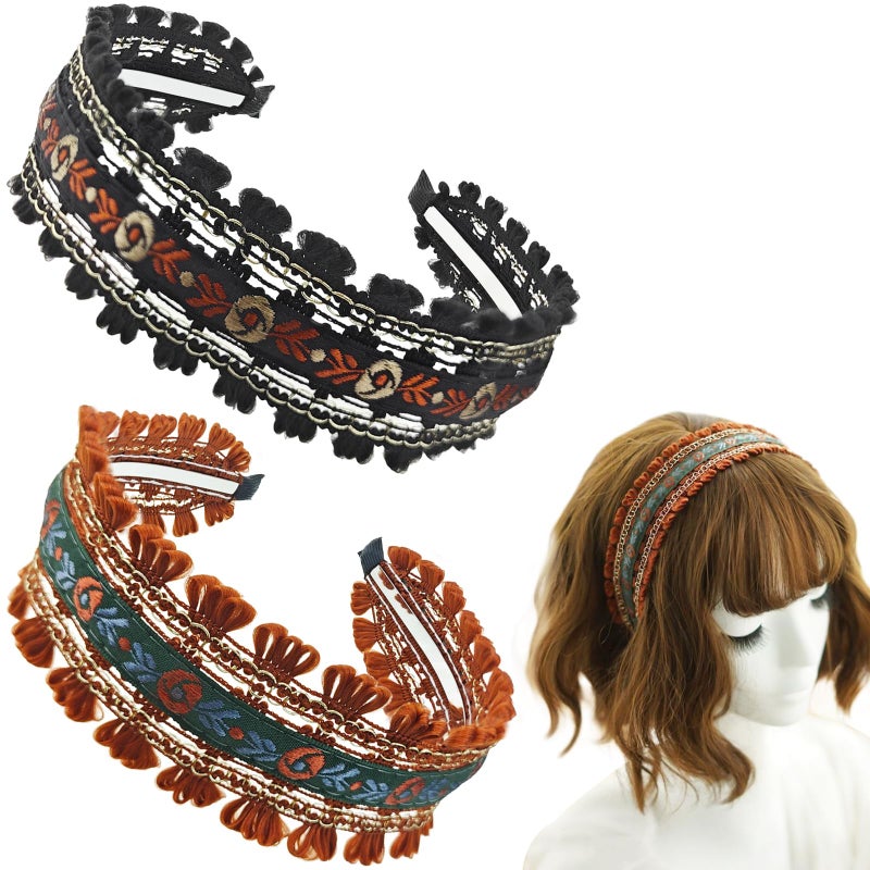 Capiant 2 Pack Embroidered Headbands for Women, Wide Non-Slip Boho Floral Hair Hoops, Ethnic Flower Head, Lace - Image 1