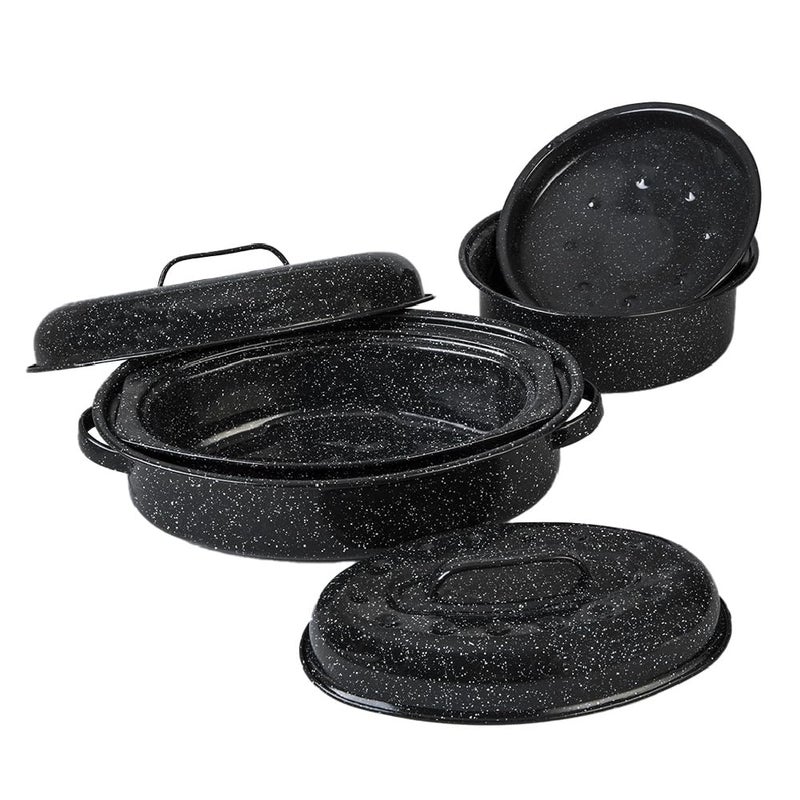 Granite Ware Roasting Set Covered 13 in and 15 in Oval roaster and 3 lb round roaster Enameled Steel design to accomodate up to 7 lb and 10 lb poultryroast Resists up to 932F