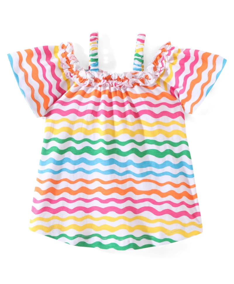 babyhug Babyhug Cotton Knit   Half  Sleeves Top with Frill Detailing Wavy Print - White