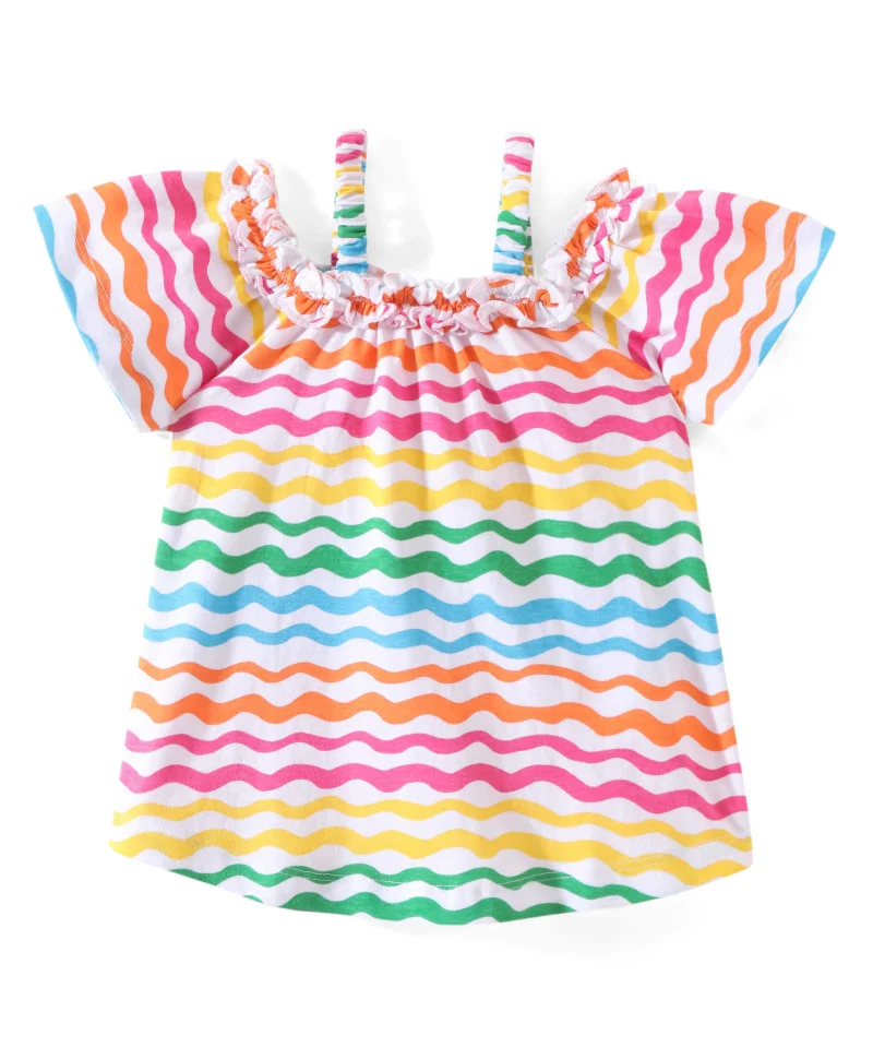 babyhug Babyhug Cotton Knit   Half  Sleeves Top with Frill Detailing Wavy Print - White