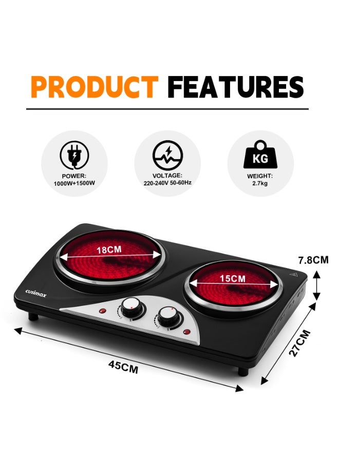 CUSIMAX Electric Double Hot Plate, 1200W+900W Infrared Ceramic Heating Plate, Heat-Up in Seconds, Dual Temperature Control, Compatible for All Cookware - Image 2
