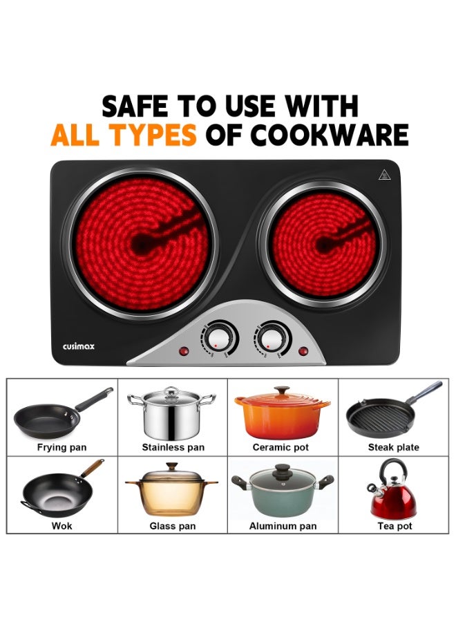 CUSIMAX Electric Double Hot Plate, 1200W+900W Infrared Ceramic Heating Plate, Heat-Up in Seconds, Dual Temperature Control, Compatible for All Cookware - Image 3