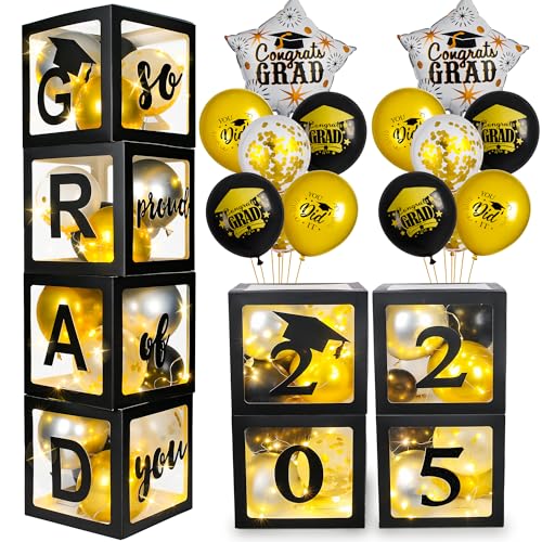 AYGXU Graduation Decorations 2025-Graduation Party Decorations,Graduation Balloons Boxes(4PCS) with LED Light Strings & Letters 2025 GRAD So Proud of You,Party Favors For Any Grades Class. - Image 1