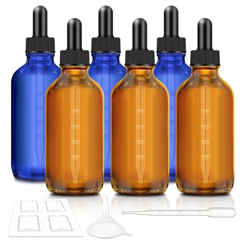 Bumobum 6 Pack, 4 oz Dark Amber & Blue Dropper Bottles with Measured Dropper, Glass Eye Dropper Bottle for Essential Oils with Funnel, Labels & Pipette, Droppers for Oils (Unbreakable Plastic Eye Dropper) - Image 1