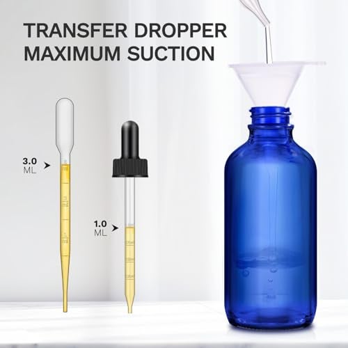 Bumobum 6 Pack, 4 oz Dark Amber & Blue Dropper Bottles with Measured Dropper, Glass Eye Dropper Bottle for Essential Oils with Funnel, Labels & Pipette, Droppers for Oils (Unbreakable Plastic Eye Dropper) - Image 2