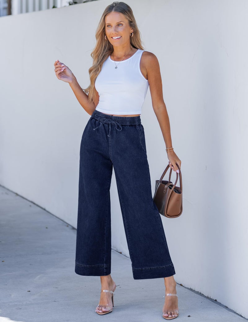 luvamia Pull On Jeans for Women Wide Leg Womens Cropped Pants Wide Legged Pants for Women Darkness Blue Large Fits Size 12 / Size 14 - Image 3