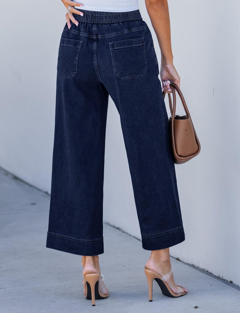luvamia Pull On Jeans for Women Wide Leg Womens Cropped Pants Wide Legged Pants for Women Darkness Blue Large Fits Size 12 / Size 14 - Image 2