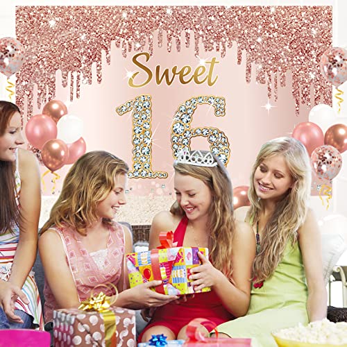 Bumqviy Rose Gold Sweet 16th Birthday Banner Backdrop with Confetti Balloon Garland Arch, Happy 16 Birthday Banner Balloon Set for Girls, Pink Sixteen Bday Poster Photo Booth Decor - Image 5