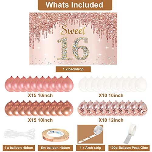 Bumqviy Rose Gold Sweet 16th Birthday Banner Backdrop with Confetti Balloon Garland Arch, Happy 16 Birthday Banner Balloon Set for Girls, Pink Sixteen Bday Poster Photo Booth Decor - Image 2
