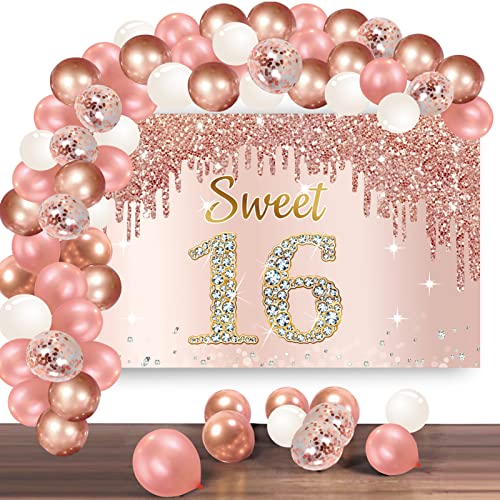 Bumqviy Rose Gold Sweet 16th Birthday Banner Backdrop with Confetti Balloon Garland Arch, Happy 16 Birthday Banner Balloon Set for Girls, Pink Sixteen Bday Poster Photo Booth Decor - Image 1