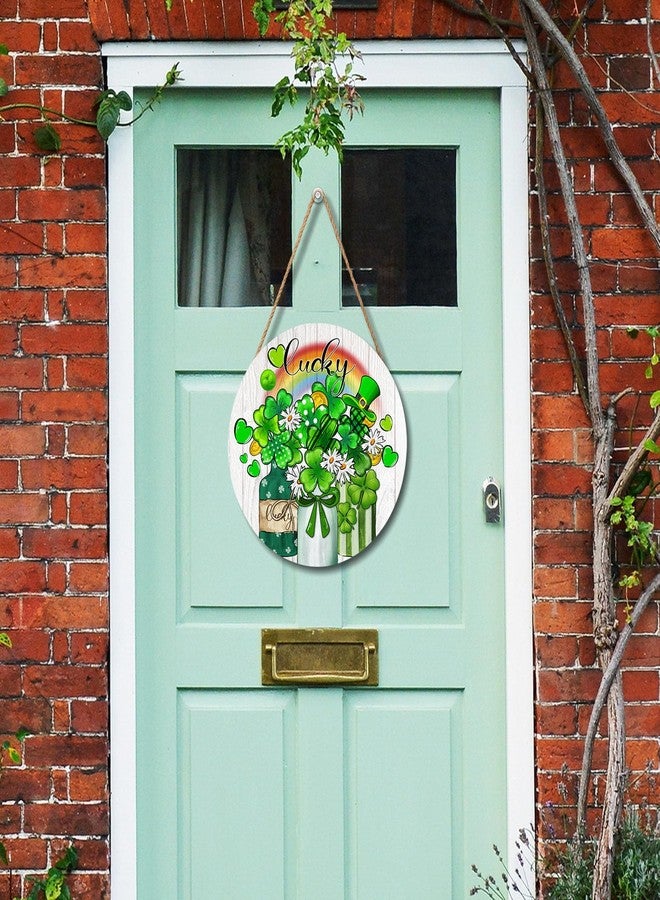 Anyako St. Patrick's Day Lucky Green Clover Door Sign For Front Door Decor,Shamrock Mason Jar Rainbow Wooden Sign 12"x 12" Round Wood Hanging Door Sign Decoration for Wall Rustic Decor - Image 5