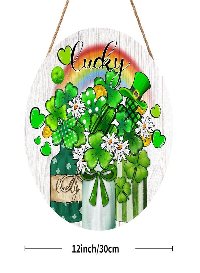 Anyako St. Patrick's Day Lucky Green Clover Door Sign For Front Door Decor,Shamrock Mason Jar Rainbow Wooden Sign 12"x 12" Round Wood Hanging Door Sign Decoration for Wall Rustic Decor - Image 1
