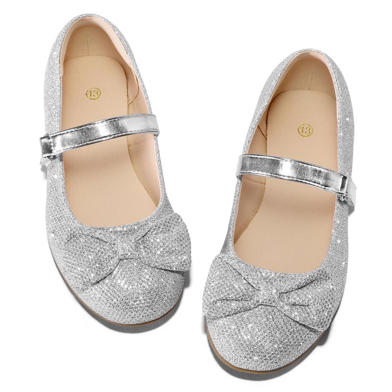 K KomForme Girl's Ballet Flats Non-Slip Soft Mary Jane Walking Party Dress Shoes for Toddler/Little Kid/Big Kid Silver Glitter - Image 4