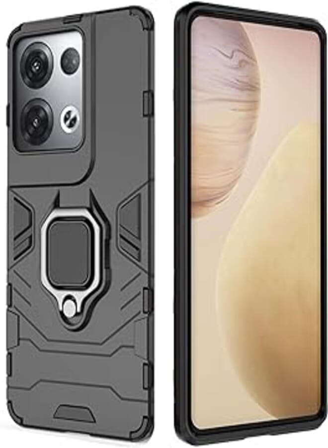 Dl3 Mobilak Case Compatible with Oppo Reno 8 Pro, Dual Layer Protective Shockproof Hard Armor Cover with 360° Rotating Finger Ring Kickstand and Car Magnetic Mount (Black)