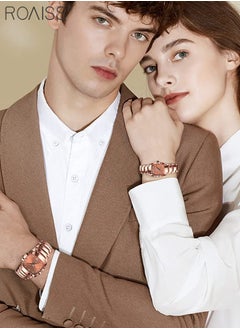 roaiss Stainless Steel Strap Couple Quartz Watch Set, Analog Display Rectangle Dial, Waterproof Luxurious Wristwatch with Calendar as Gift for Men Women  - Image 2