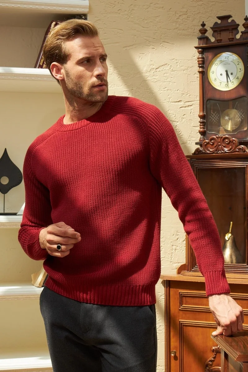 Odelon Crew Neck Selanik Knitted Cotton Men's Burgundy Knitwear Sweater