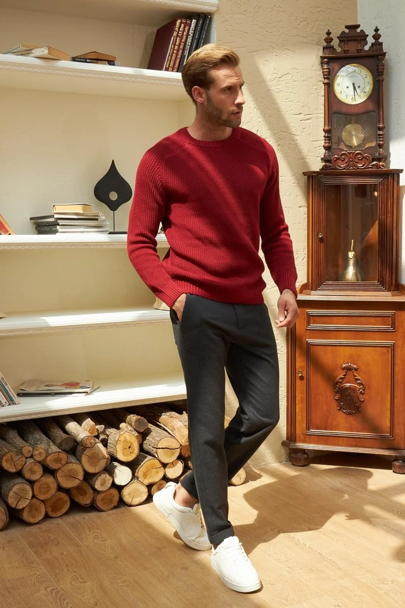 Odelon Crew Neck Selanik Knitted Cotton Men's Burgundy Knitwear Sweater