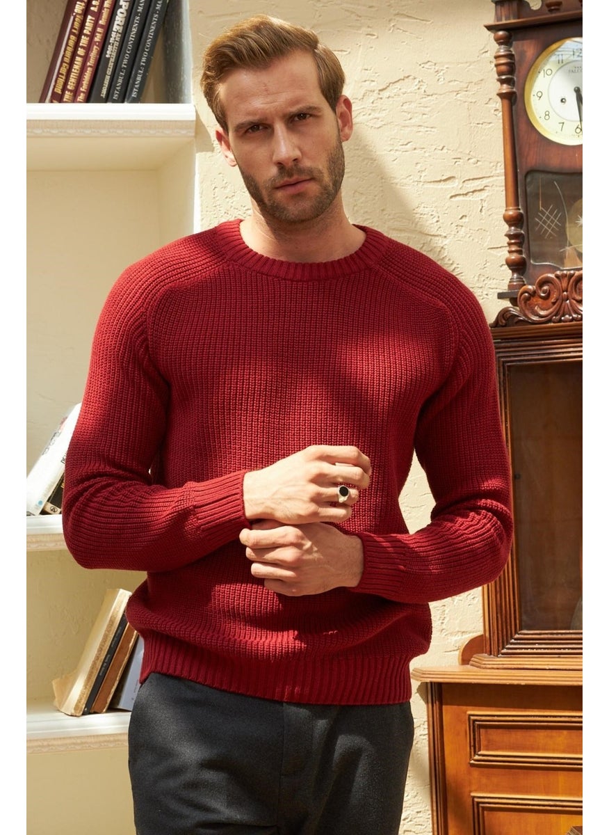 Odelon Crew Neck Selanik Knitted Cotton Men's Burgundy Knitwear Sweater  - Image 5