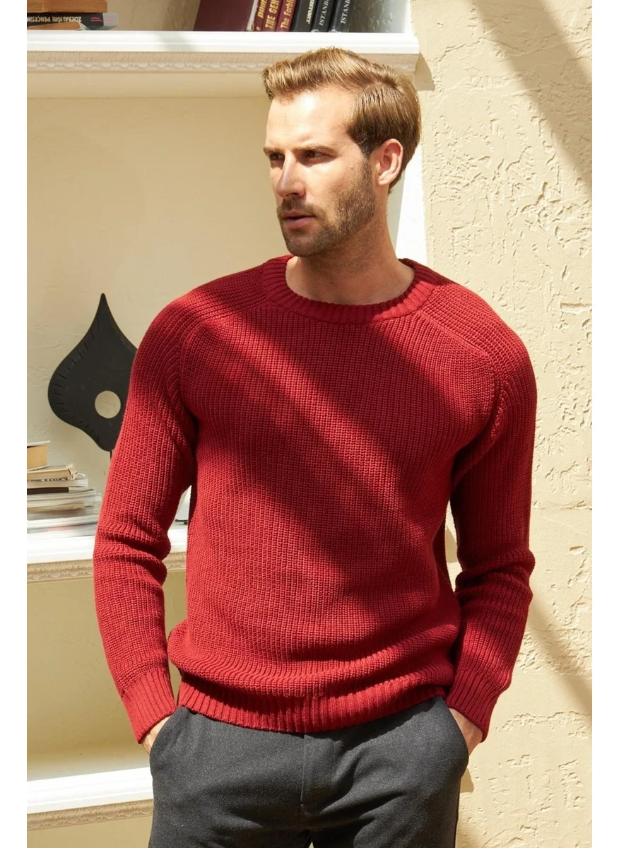 Odelon Crew Neck Selanik Knitted Cotton Men's Burgundy Knitwear Sweater