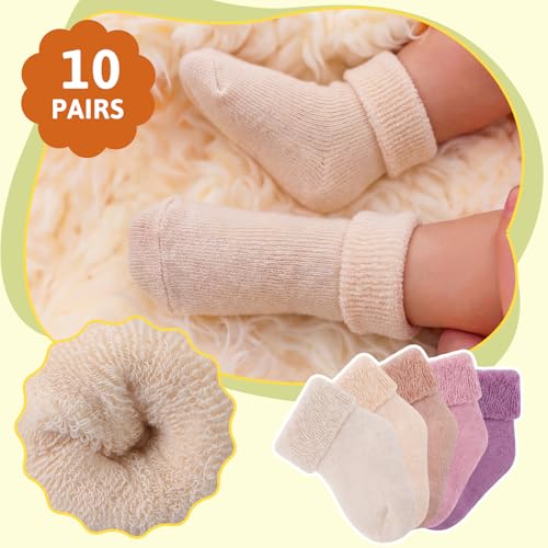 Twistover 10 Pairs Preemie Baby Terry Cotton Turn Cuff Socks for Newborn Girls Boys - Nicu(Light Purple, Light Taro, Pink, Light Khaki, Beige,Preemie) - Image 3
