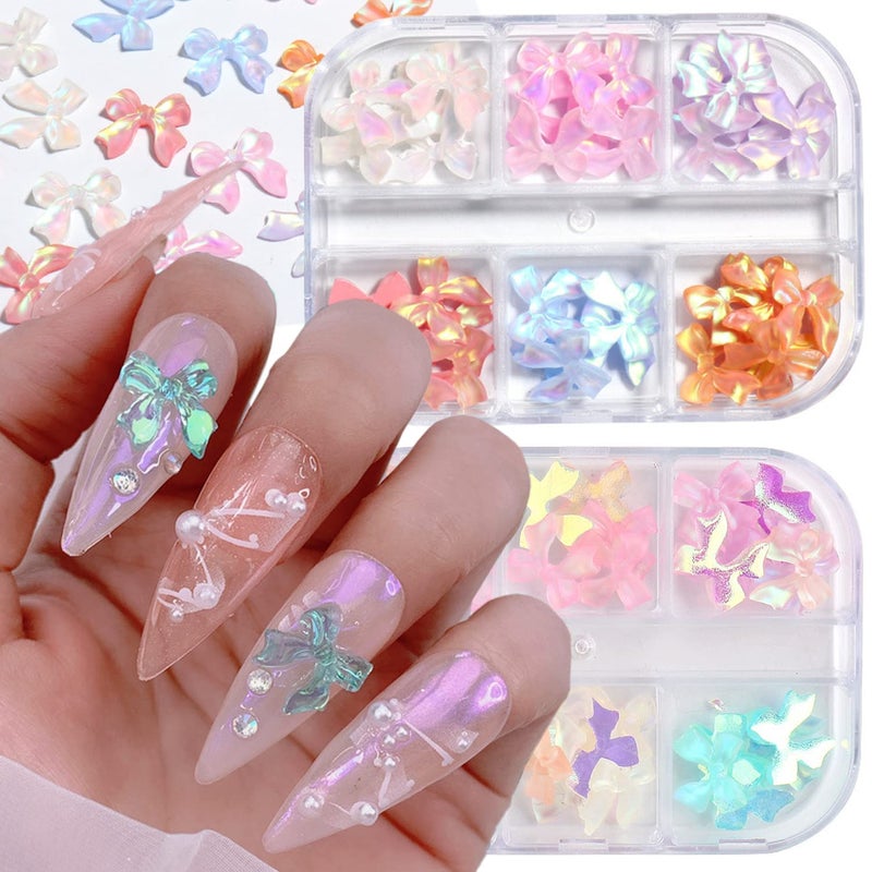 Butterfly BowKnot Nail Art Decorations 3D Colorful Resin Butterflies Shapes Nail Art Rhinestone BowKnot Nail Jewels Accessories Supplies for Women Girls Manicure Art Bow Nail Glitter Flakes Studs