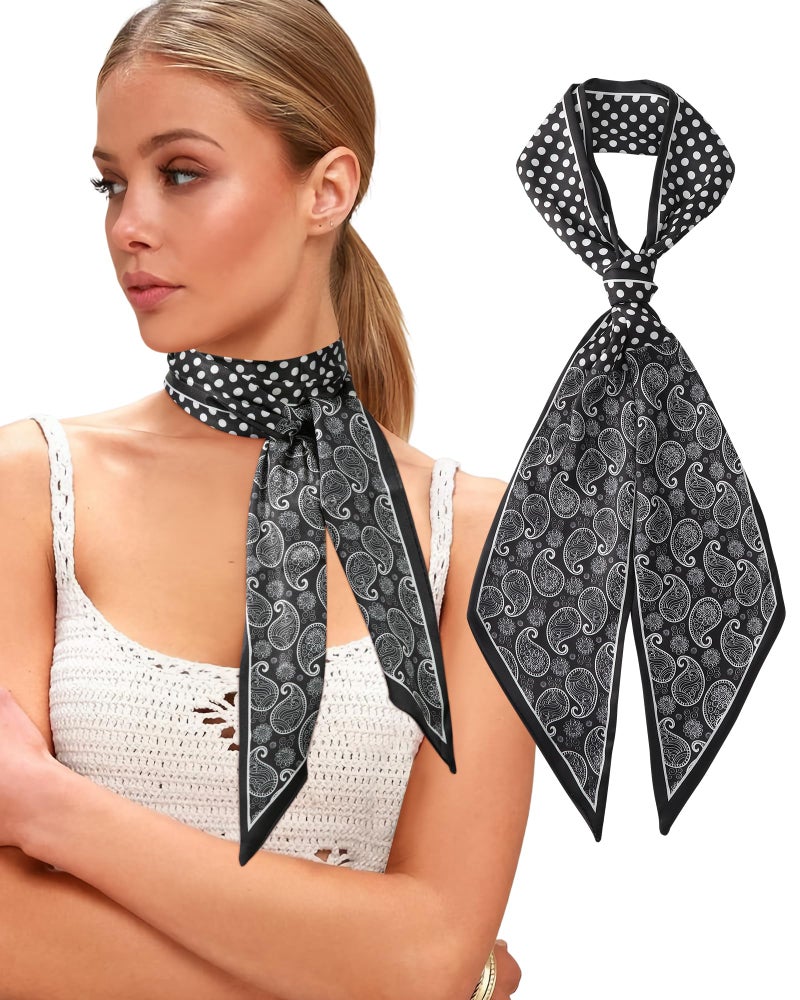 CHLINS Satin Scarf for Women - Printed Head Wrap, Neck Wrap, Lightweight - 57 * 5.5 Inches (Floral + Polka Dots - Black) - Image 1